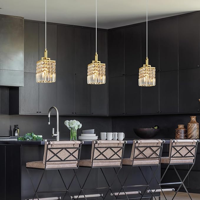 Modern Crystal Pendant Light Kitchen Island Farmhouse Lamp Adjustable Height Hanging Lighting Square Gold Chandelier Suitable for Kitchen Island Dining Room and Bedroom(3Pack)