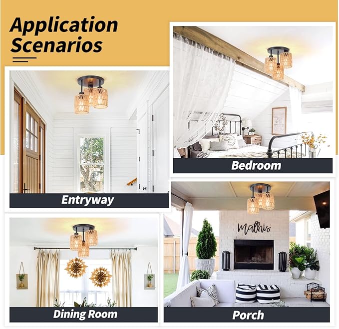 3-Lights Woven Rattan Ceiling Light Fixture,Farmhouse Hand-Woven Cage Semi Flush Mount Light, Boho Coastal Natural Basket Close to Ceiling Light for Bedroom Hallway Corridor Nursery