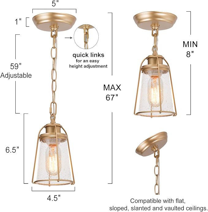 KSANA Gold Pendant Lighting, Mini Modern Hanging Light Fixture with Seeded Glass Shade for Kitchen Island, Foyer, Hallway, Bedroom and Entryway