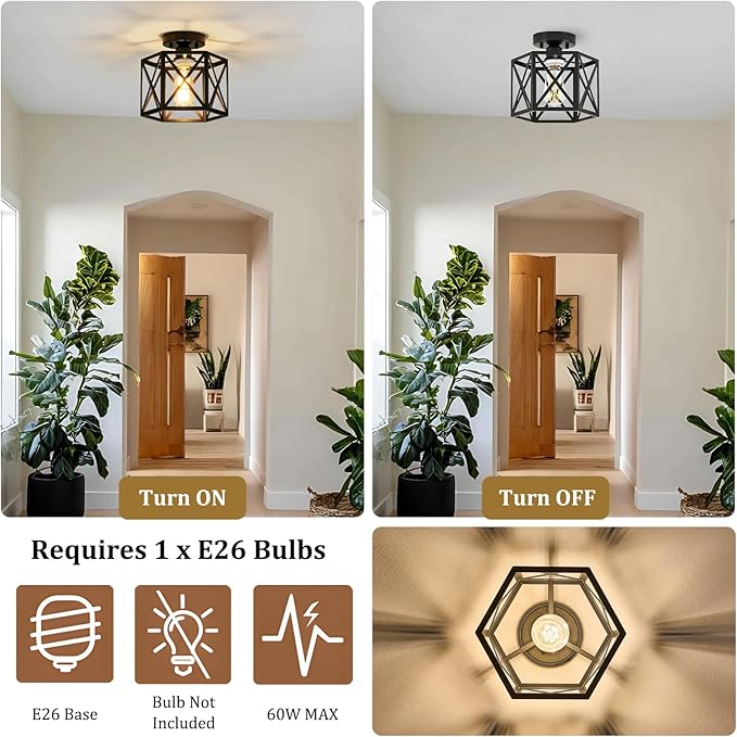 Modern Farmhouse Semi Flush Mount Ceiling Light,Industrial Black Ceiling Lighting Fixture,Hexagonal Close to Ceiling Lights for Kitchen, Hallway, Entryway, Bedroom,Foyer,Laundry Room,9.5 Inch
