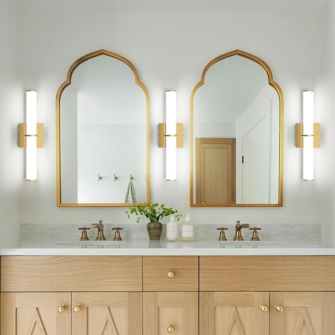 OOWOLF 17.3Inch Modern Vanity Light Fixture with Switch, 12W 5000K Led Bathroom Light Fixture Over Mirror, Hardwired, 1200LM Gold Vanity Light Bar for Mirror Bedroom Hallway Living Room