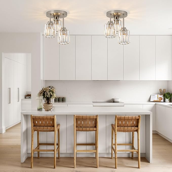 Brushed Nickel Semi Flush Mount Ceiling Light, 3-Light Modern Crystal Chandelier with Clear K9 Crystal Shades, Kitchen Light for Hallway Kitchen Bathroom Entryway