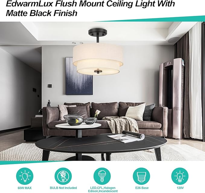 3-Light Semi Flush Mount Ceiling Light Fixture, 12.6" Black Drum Light with White Fabric Shade,Modern Close to Ceiling Light for Living Room Bedroom Dining Room Kitchen Hallway Entry Foyer