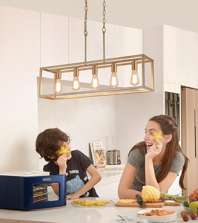 AMZASA Gold Rectangle Kitchen Island Lights Rectangular Modern Industrial Chandelier for Dining Room 5 Lights Linear Vintage Cage Light Fixtures UL Listed