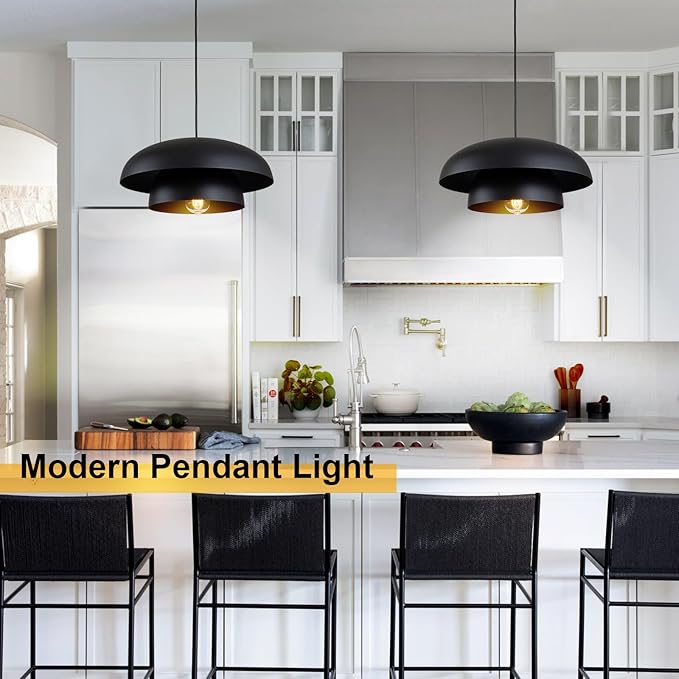 Lingkai 15.7" Black Modern Pendant Light Fixtures, Kitchen Lighting Fixtures Ceiling Hanging Light Fixtures, Farmhouse Large Pendant Light for Kitchen Island Lighting Hanging Lamp