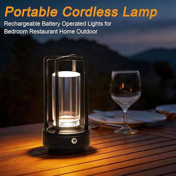 Rechargeable Table Lamp Cordless, 3 Color | Crystal | Stepless Dimming, for Dining Room, Living Room, Bar, Cafe, Restaurant, Patio, Camping, Pack of 2 (Black)