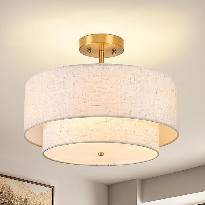 16" Semi Flush Mount Ceiling Light, 3-Light Double Drum Fabric Linen Shade for Living Room, Bedroom, Kitchen, Dining Room, Hallway and Entryway