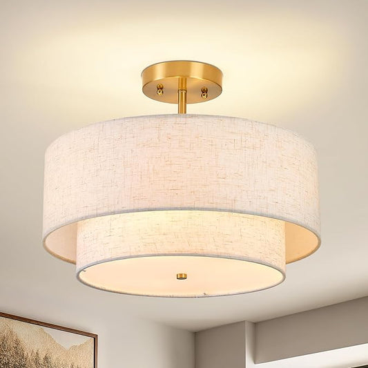 16" Semi Flush Mount Ceiling Light, 3-Light Double Drum Fabric Linen Shade for Living Room, Bedroom, Kitchen, Dining Room, Hallway and Entryway
