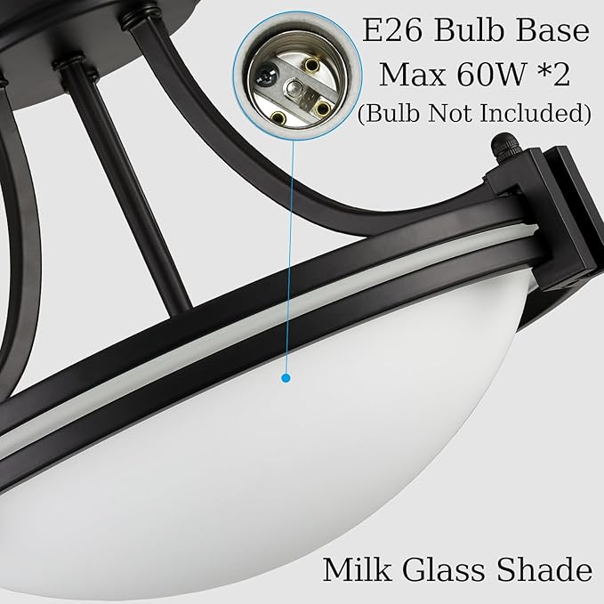 Matte Black Semi Flush Mount Ceiling Light Modern Farmhouse 2-Light Milk Glass Ceiling Light Fixture for Hallway Bedroom Kitchen, 12-Inch