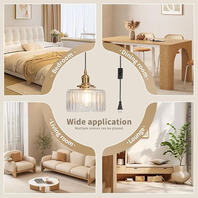 Plug in Pendant Light Clear Glass Striped Pendant Light Fixtures Vintage Glass Hanging Lighting 1-Light with Plug in Cord Mid Century Modern Hanging Lights for Kitchen Island Living Room