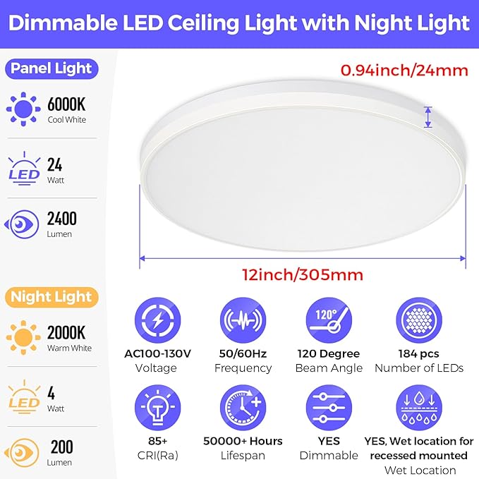 SunRider LED Flush Mount Ceiling Light Fixture with Night Light, 6000K Cool White, 12 Inch 24W 2400LM Round Dimmable Flat Ceiling Lamp for Living Room