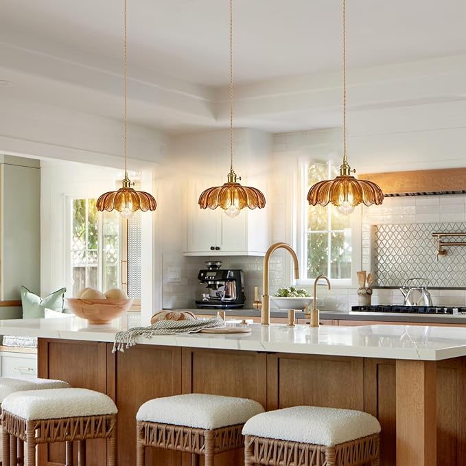 Glass Pendant Light Vintage Light Fixtures, Glass Pendant Lights Kitchen Island, Adjustable Hanging Light for Kitchen Island Dining Room Hallway (Dark Amber)