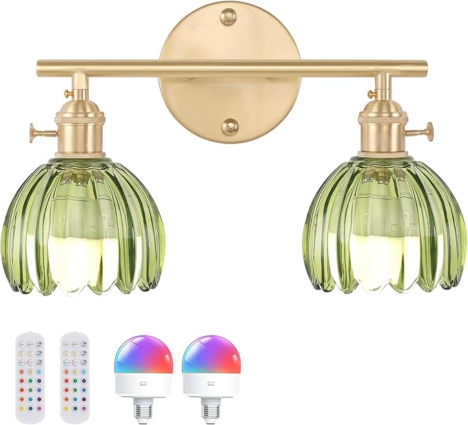 Shenmoyl Battery Operated Bathroom Light Fixtures, 2-Light Brass Vanity wall Light with 5000mAh Rechargeable Bulb Over Mirror with Green Tulip Glass Shade for Bedroom Living Room