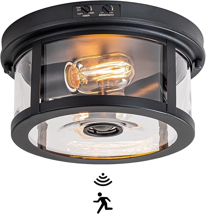 Flush Mount Outdoor Ceiling Light with Motion Sensor, Front Porch Light Ceiling Mount, Adjustable Sensor 2-Light Black Ceiling Light Fixture with Clear Glass, for Patio, House