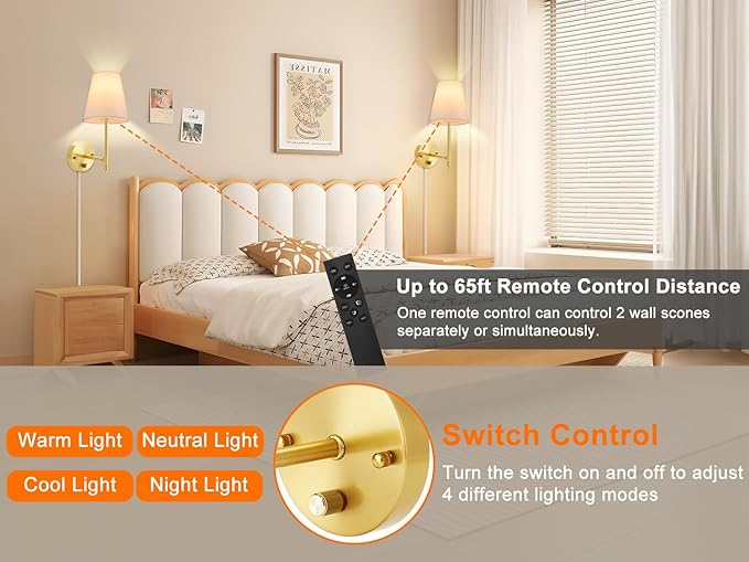 Wall Sconces Set of Two with Remote Control, Dimmable, Adjustable Colors 2700-6500K, Plug in Wall Sconces with White Fabric Shades, Plug in Wall Light, Gold