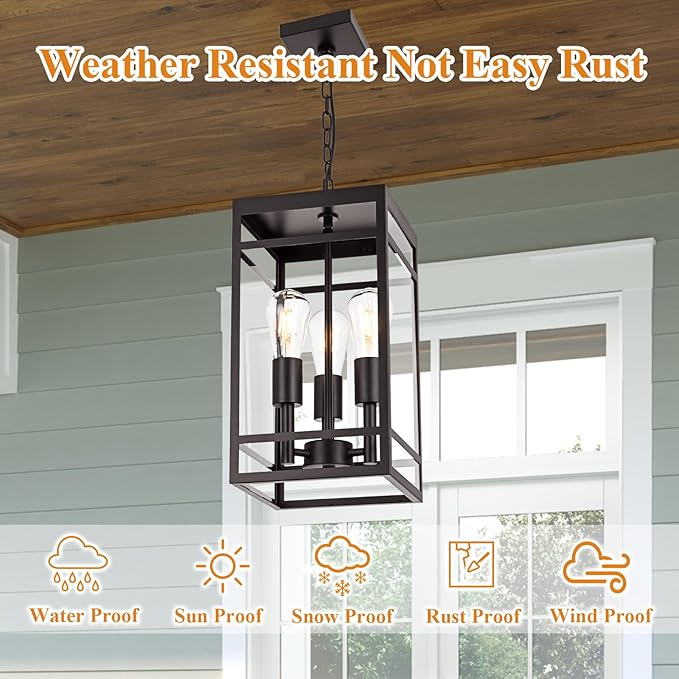 VINLUZ 3-Light Outdoor Pendant Light with Adjustable Chain, 16" Oil Rubbed Bronze Outdoor Hanging Light Fixture, Exterior Linear Hanging Lantern Chandelier for Entryway, Patio, Garden, Front Door