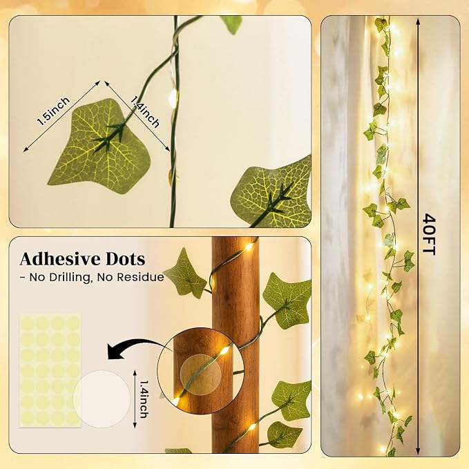 DomeStar 40Ft 120 LED Fairy Lights with Vines, Vines with Light for Bedroom, Curtain String Lights with Remote for Dorm, Wedding, Party, Wall, Indoor, Outdoor Holiday Home Decor