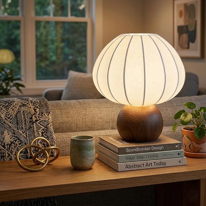 Mushroom Table Lamp, Metal Bedside Lamp with Stepless Dimming, Handcrafted Silk Lampshade Nightstand Lamp for Cozy Bedroom, Living Room, Kids Room