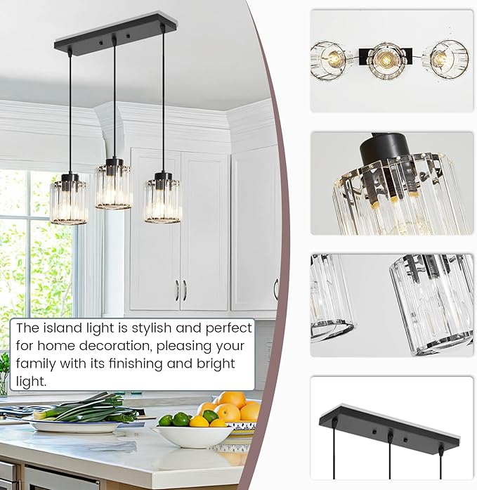 3 Light Pendant Lighting for Kitchen Island, Black Hanging Light Fixture for Ceiling, Farmhouse Dining Room Lights for Bedroom, Hallway, Modern Glass Chandelier, E26 Base, Bulbs Not Included