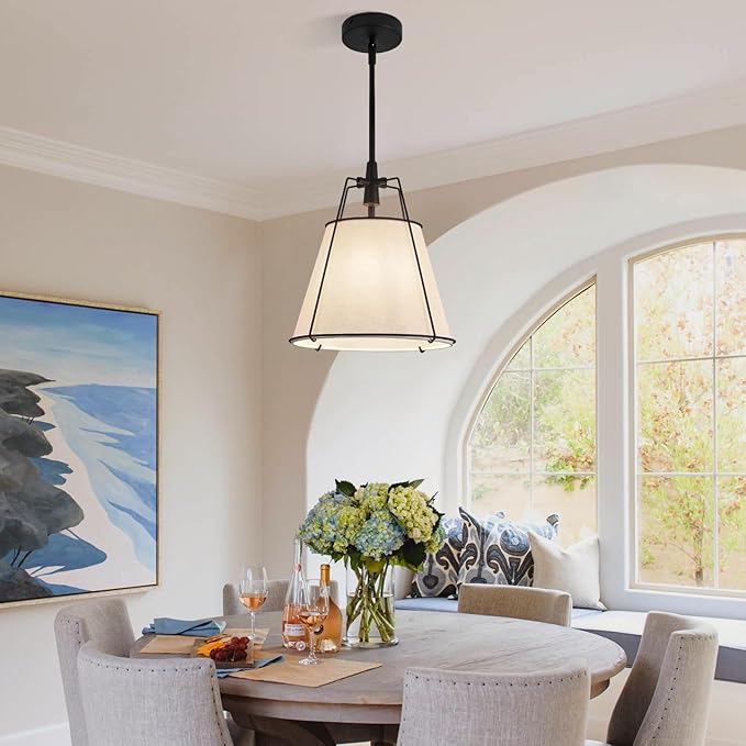 Modern Pendant Light Fixtures with 13" Off-White Linen Fabric Shade, Adjustable Hanging Light Fixture,Drum Black Vintage Chandelier for Kitchen Island Bedroom Dining Room Foyer Entryway
