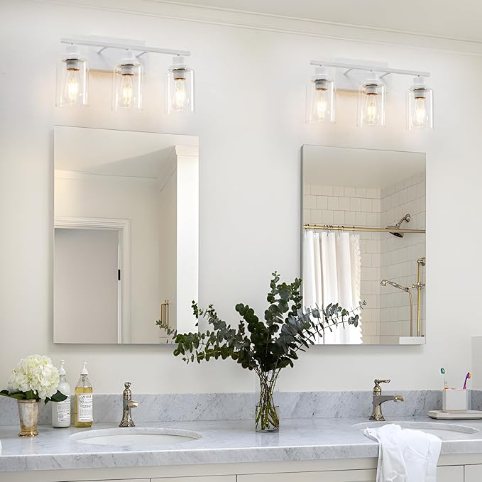 3 Light White Bathroom Light Fixtures Vanity Light Over Mirror Modern Wall Lighting Sconces Rustic Industrial Wall Lamp for Bathroom, Bedroom, Living Room E26 Socket with Glass Shade