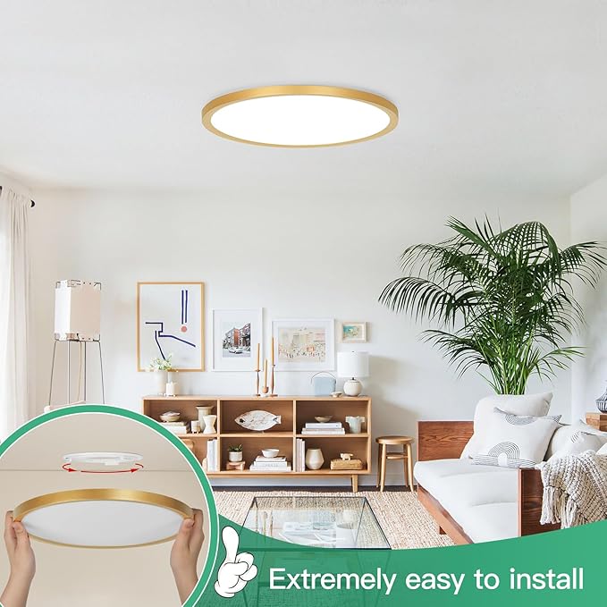 Brightever Gold LED Flush Mount Ceiling Light Fixture, 12 Inch 24W, Super Slim 0.67 Inch 3200LM LED Ceiling Lights, Dimmable & 2700K-6500K 5 Color in One Ceiling Lamp for Bedroom, Porch, 2 Packs