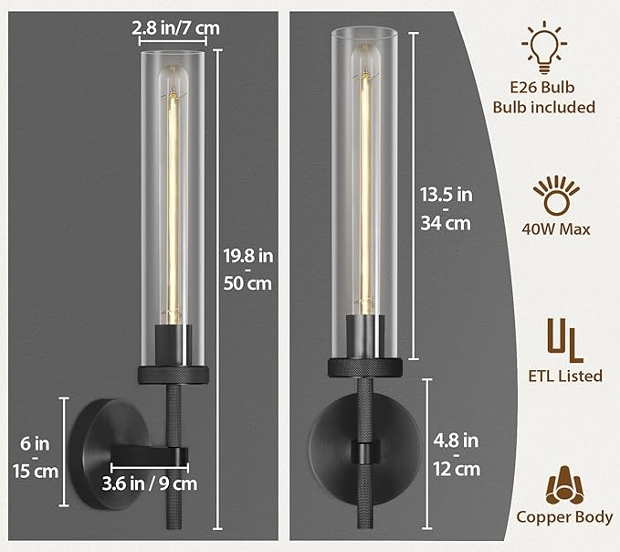 Modern Black Wall Sconces Bathroom Vanity Light Fixtures, Glass Tube Wall Sconces Set of Two, sconces wall lighting indoors, Wall Lights for Mirror, Living Room, Bedroom, Hallway (including bulb)