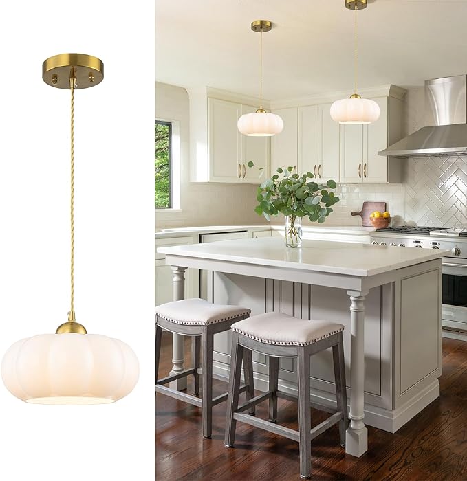 9.84" Mid-Century Modern Pendant Lights Kitchen Island,1-Light Brushed Gold Kitchen Light Fixtures with Opal Milky White Glass Shade,Dimmable Mini Hanging Light fixture for Bedroom,Hallway,Entryway
