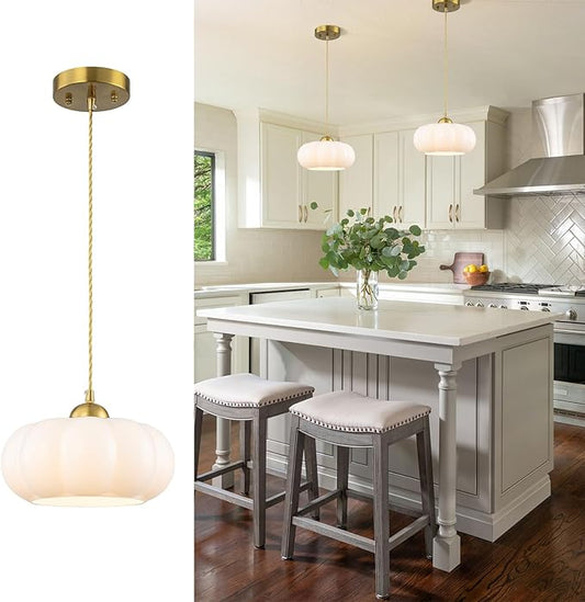 9.84" Mid-Century Modern Pendant Lights Kitchen Island,1-Light Brushed Gold Kitchen Light Fixtures with Opal Milky White Glass Shade,Dimmable Mini Hanging Light fixture for Bedroom,Hallway,Entryway