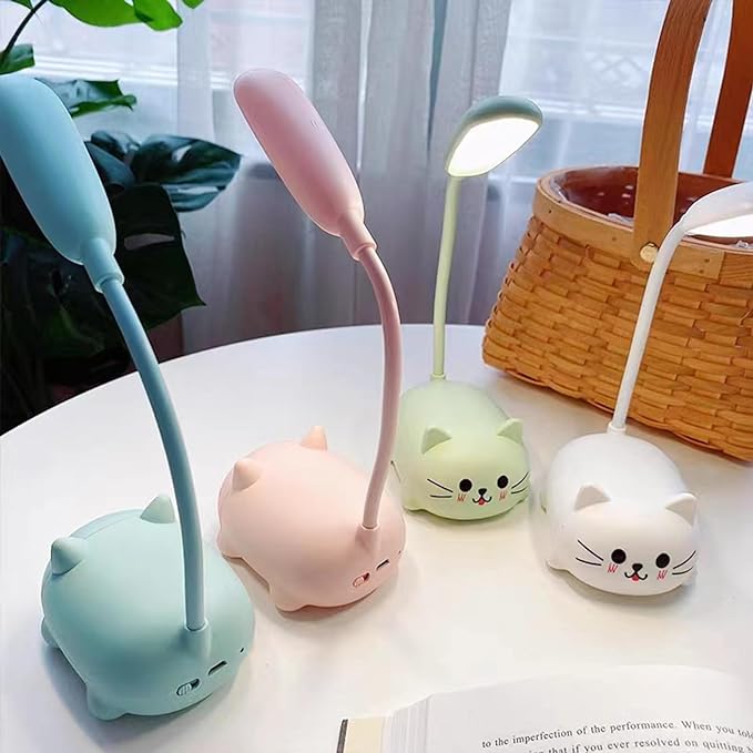 Neioaas LED Desk Lamp for Kids, Cute Cat Lamp USB Rechargeable Reading Light,Portable LED Table Light, Flexible Gooseneck Eye-Care Cartoons Small Desk Lamp Girls Gifts (White)