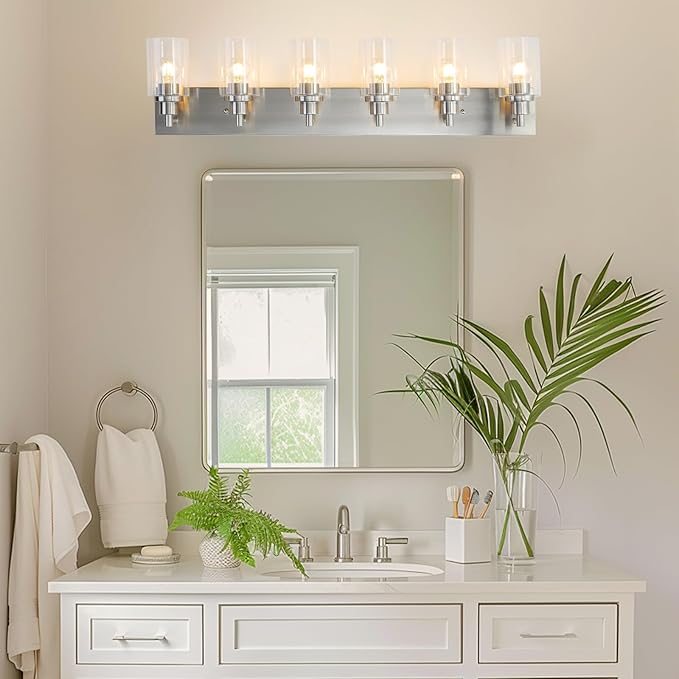 LOUSACE 6 Light Bathroom Vanity Light Brushed Nickel, Bathroom Lighting Fixtures with Clear Glass Shades Over Vanity Mirror, Modern Wall Sconces Fixtures for Bedroom Living Room, E26 Socket