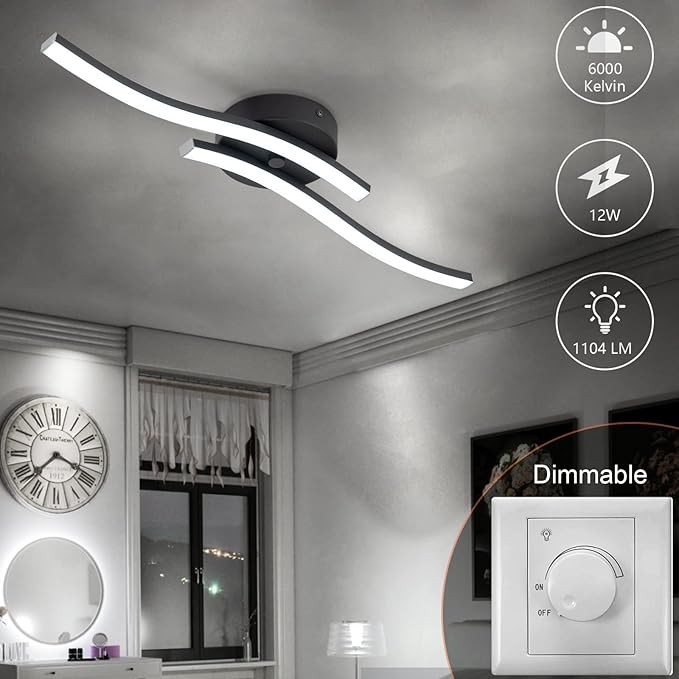 EDISLIVE Modern Dimmable LED Ceiling Light Curved 2 Light 22.5 in Minimalist Flush Mount Ceiling Light Fixture Lamp for Bedroom Foyer Kitchen 6000K Black