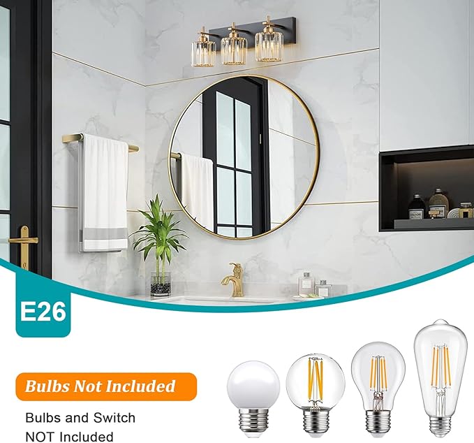 Modern Crystal Bathroom Vanity Lights, 3-Lights Black Gold Bathroom Light Fixtures Over Mirror, Crystal Vanity Light with Polished Gold Finish(Exclude Bulb)