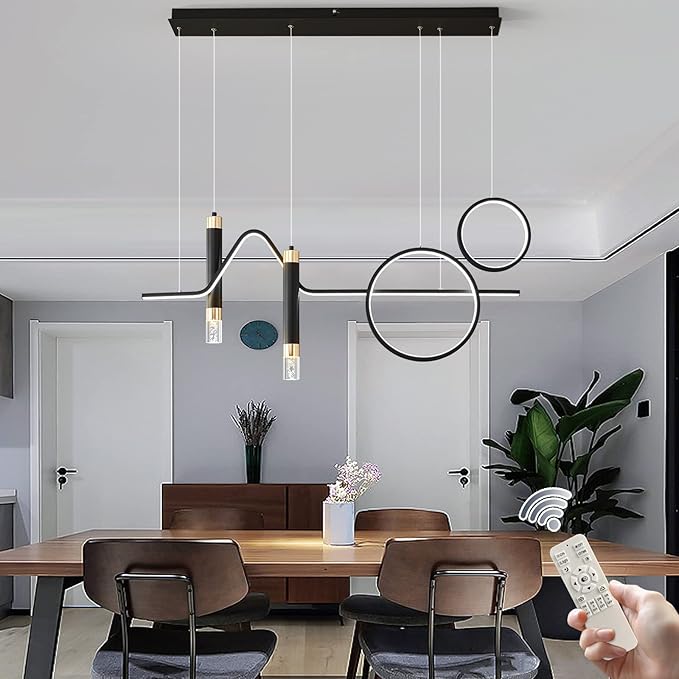 Siittoo Modern LED Pendant Lighting Fixtures, 45W Dimmable LED Modern Chandelier Lights with Geometric Shapes & Bubbles, 37'' Black Linear Wave Dining Room Light Fixture for Kitchen Island Living Room