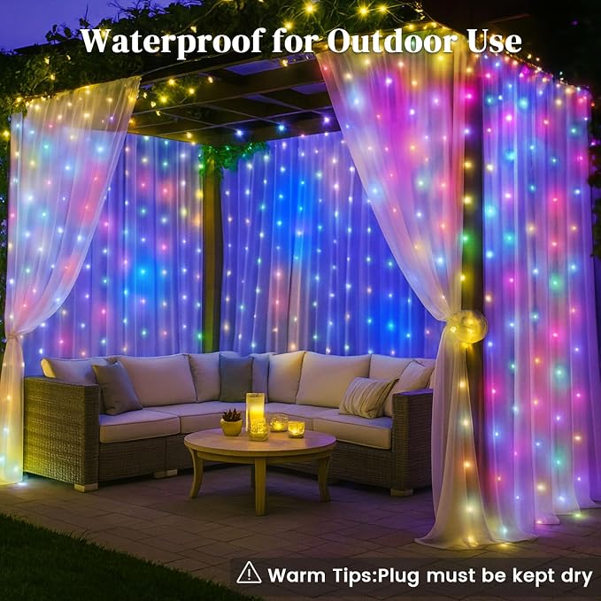 DomeStar 300 LED Fairy Curtain Lights, 9.8ft x 9.8ft Holiday Party Waterproof String Hanging Lights with 8 Modes Remote, Plug‑in Design for Bedroom Patio Garden Party Wedding Wall Decor (Multicolor)