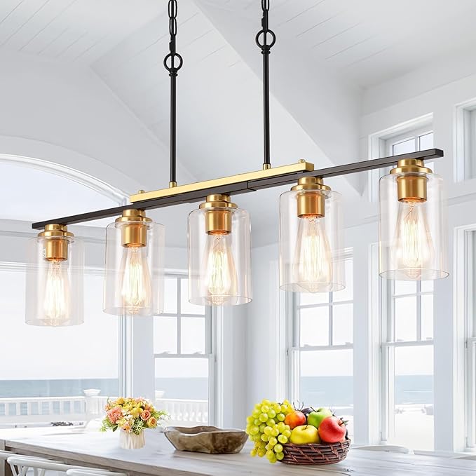 34" Dining Room Light Fixture/Chandelier Over Table, 5-Light Black and Gold Kitchen Island Lighting with Clear Glass Shade, Modern Hanging Pendant Lights Fixture for Kitchen Island Dining Room