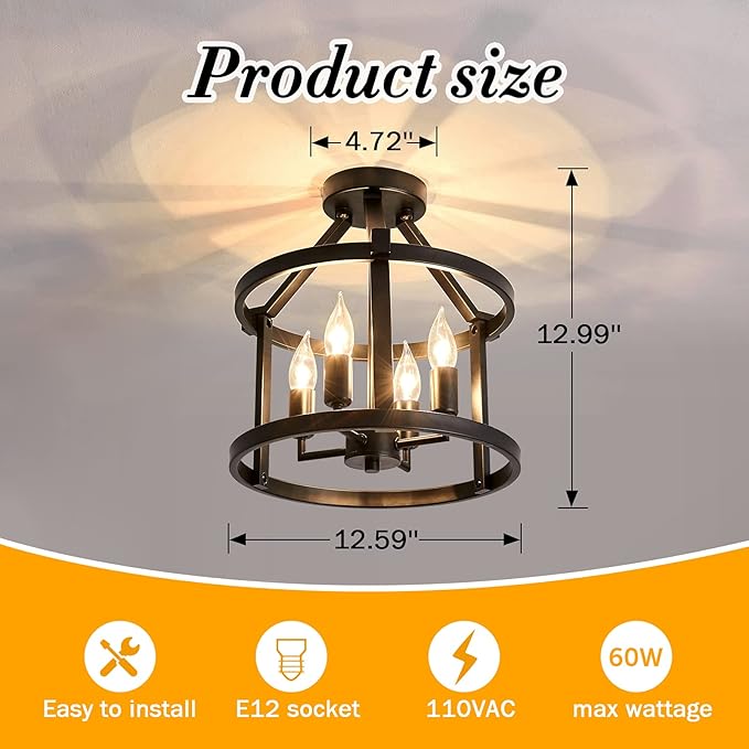 UOFUS Metal Semi Flush Mount Ceiling Light Fixture 4 Candle Holder Matte Chandelier Farmhouse Ceiling Lamp for Dining Room Bedroom Kitchen Hallway Entryway（Black）