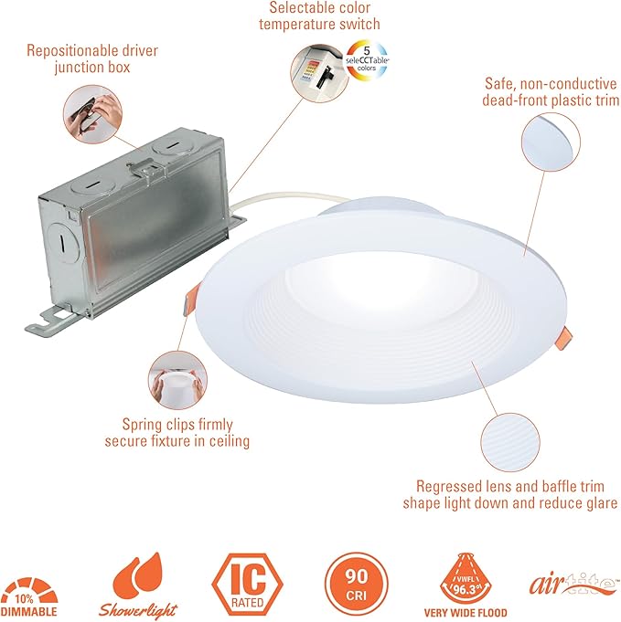 HALO LT 6 in Canless LED Recessed Indoor/Outdoor Dimmable Ceiling Downlight, Wet Location Rated, Selectable Color Temperature, 2700K-5000K, 750 Lumens, Wet Location - LTC608FS5B