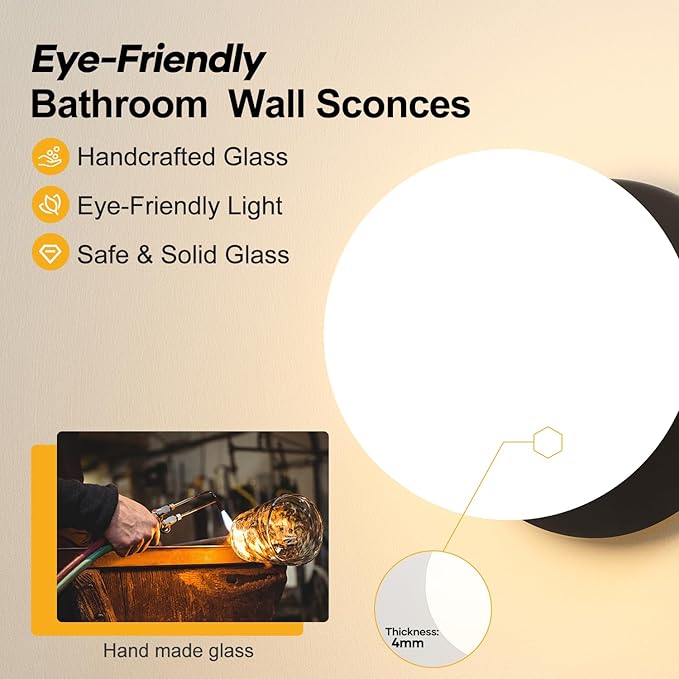 2 Pack Modern Matte Black Wall Light Fixtures, Mid-Century Globe Glass Wall Sconces Set of Two for Bathroom Mirror, Living Room, Hallway, Entryway (Bulbs Not Included)