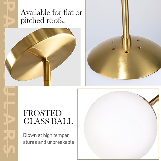 Bagood 14" Globe Pendant Light 3-Light Gold Mid Century Modern Light Fixture Milk Glass Pendant Light Globe Pendant Lights Kitchen Island Brushed Brass Finished with Milk Glass Lampshade for Bedroom
