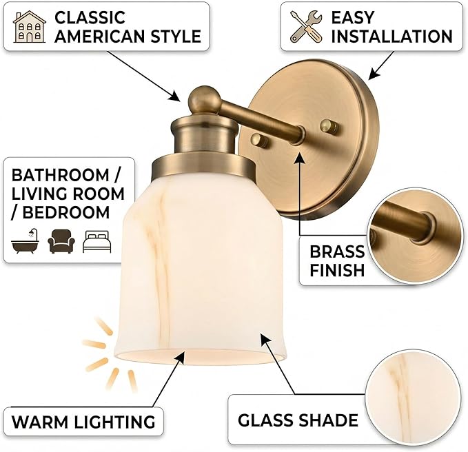 HYDELITE Vintage Wall Sconce Gold Vanity Light with Bell-Shaped Glass Indoor Brass Wall Light for Bathroom Living Room Bedroom Hallway Washroom E26 Base