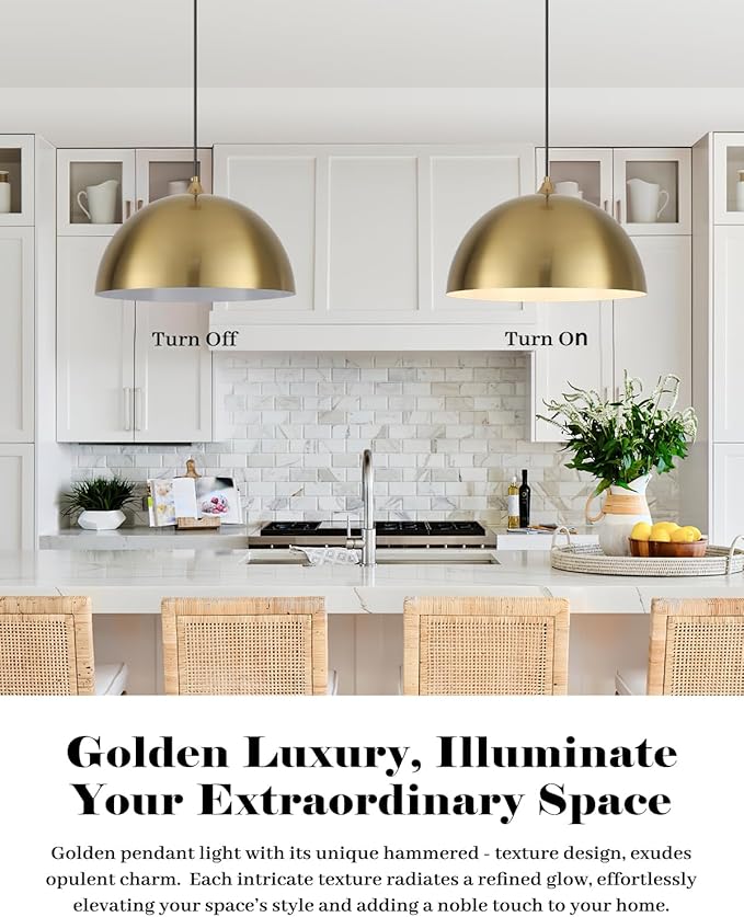 Gold Pendant Lights Kitchen Island, 16 Inch Gold Dome Pendant Light, Modern Farmhouse Pendant Light for Kitchen Island, Dining Room, Cafe, Bar, 2 Pack