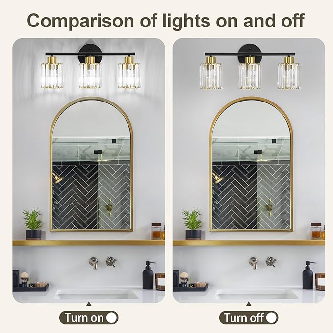 Crystal Bathroom Light Fixtures, Bathroom Lighting Fixtures Over Mirror, Modern Black Gold 3-Light Vanity Lights for Mirror, Restroom, Bedroom (Ceramic E26 Socket,Bulbs Not Include)