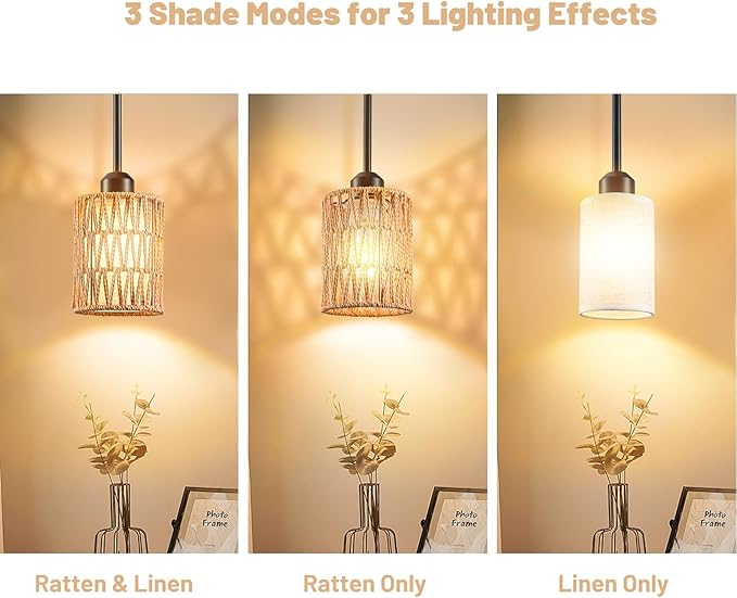 Rattan Pendant Light, 6 Inch 2-in-1 Boho Hanging Fixture with Iron Rods & Linen Shade, Adjustable Height & Sloped Ceiling Compatible for Kitchen Island Dining Room Farmhouse Bedroom, 1 Pack