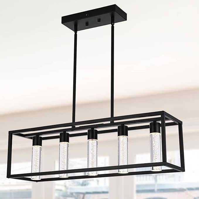 MELUCEE 5 Color Black Pendant Lights Kitchen Island, 5 Lights Modern Kitchen Island Lights 25W Dining Table Light Fixture with Crystal Bubble, Integrated LED Chandelier for Dining Room Billiard Room