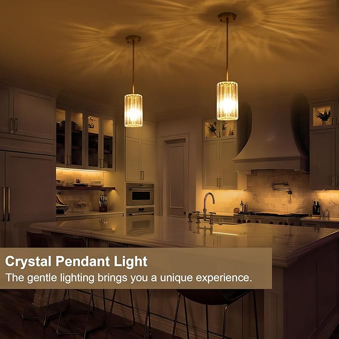 Gold Modern Crystal Pendant Lights Hanging Light Fixture, 2 Pack Pendant Lights Kitchen Island Adjustable Mini Pendant Lighting Fixtures for Kitchen Island Dining Room Hallway Bedroom