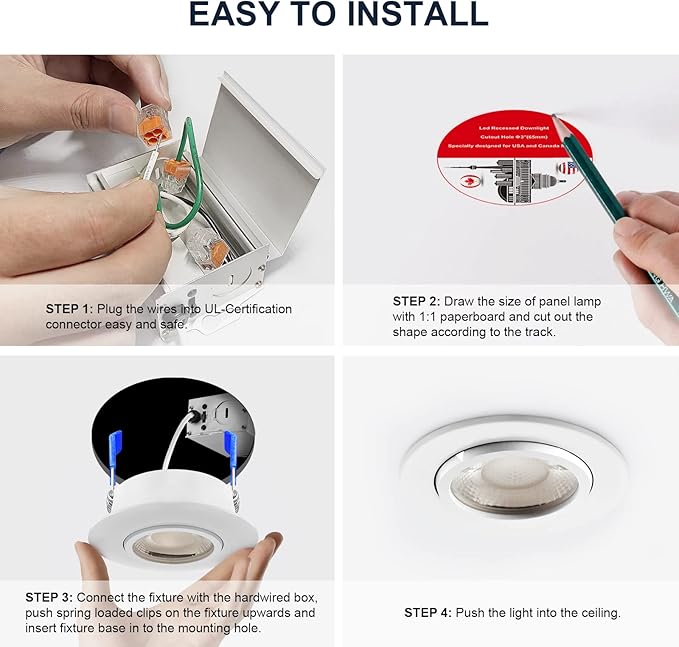 Sublimation 4 Packs 3 Inch Gimbal Led Recessed Light with Junction Box 10w,Waterproof recessed Lights for Shower,3 Colors Adjustable,Suitable for Bathroom,Parlor,Bedroom,Kitchen,Balcony