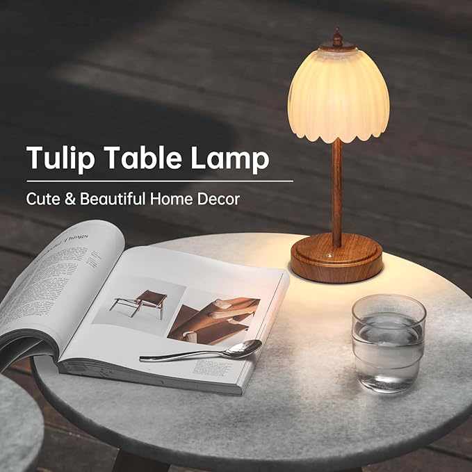 Shenmoyl Tulip Table Lamp with 5200mAh Battery & Touch Control, Small Cordless Table Lamp with 3 Colors, Rechargeable Battery Operated Table Lamps for Bedroom, Desk, Bedside (White-Walnut Color)