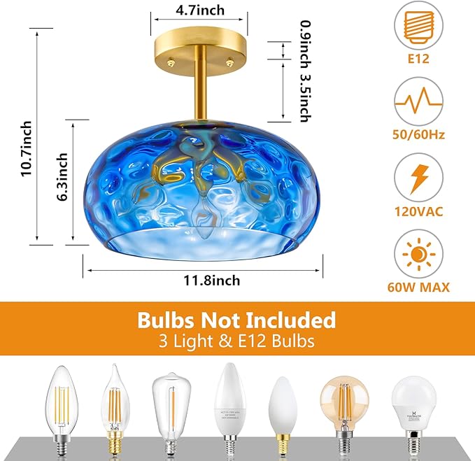 Blue Semi Flush Mount Ceiling Light, 12''& 3-Light Vintage Ceiling Light Fixture, Brass Indoor Hammered Glass Shade for Entryway, Bedroom, Kitchen, Living Room, Hallway, Farmhouse Bulbs Not Included