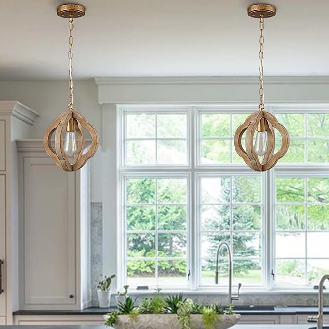 SAMTEEN Farmhouse Wood Pendant Lights Kitchen Island, Vintage Wooden Pendant Lighting Rustic 1-Light Wood Hanging Ceiling Light Fixture for Hallway Bedroom Entrance, Adjustable Chain